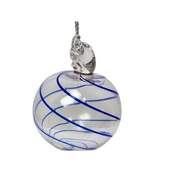 Hand Blown Glass Ornament Clear & Cobalt Blue Swirl Large 4" Holiday Art Ball - Picture 1 of 6